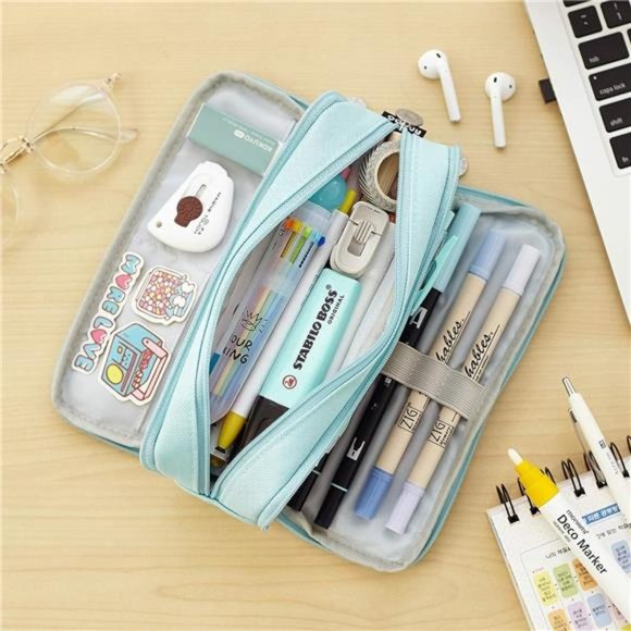 Large Capacity Pencil Case 3 Compartment Pouch Pen Bag Light Blue - Picture 6 of 6